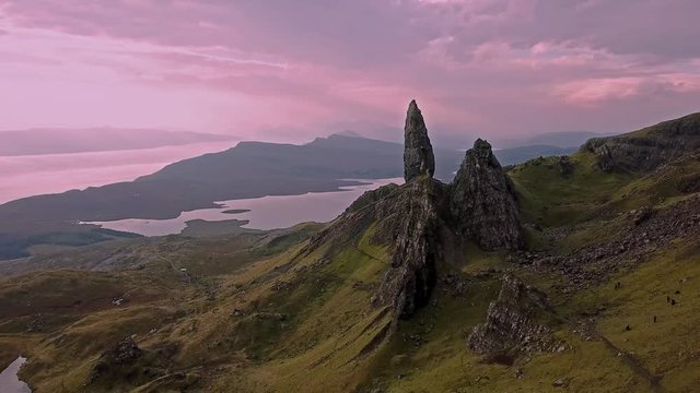 Cinematic flight over the Old Man Of Stor in autumn - Isle of Skye, Scotland