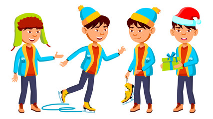 Asian Boy Schoolboy Set Vector. Primary School Child. Cute Child. Happiness Enjoyment. Chrastmas, New Year. For Presentation, Print, Invitation Design. Isolated Cartoon Illustration