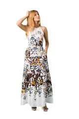 Blonde young girl in a summer dress having doubts and with confuse face expression while scratching...