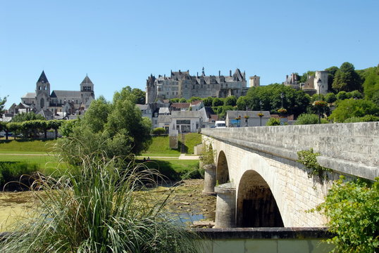 Vieux pont enjambe le cher, en fond le château de Saint-Aignan et la collégiale, ville de Saint-Aignan-sur-Cher, département du Loir et Cher, France