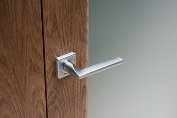 Close-up of modern steel door handle on interior door. Dark oak and frosted glass..