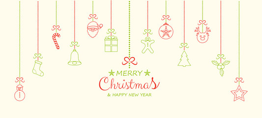 Christmas greetings with hanging decorations. Vector.