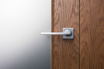Close - up of a modern metal handle on a dark wooden door.