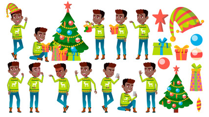 Christmas Boy Poses Set Vector. Black. Afro American. New Year. Active Cute Child. For Web, Brochure, Poster Design. Isolated Cartoon Illustration