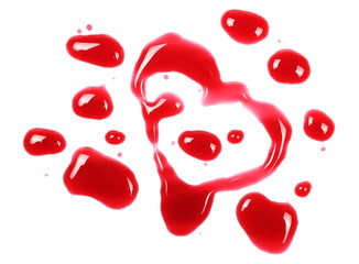 Red wine puddle, droplets isolated on white background, top view