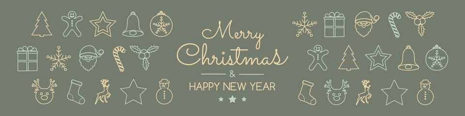 Merry Christmas and Happy New Year - card with hand drawn decorations. Vector.