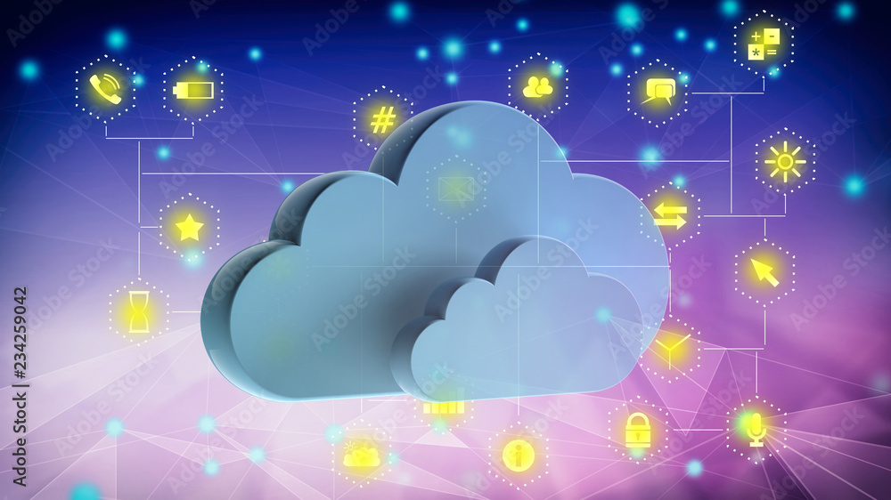 Poster cloud computing and mobile apps. blue clouds on abstract tech background. 3d illustrationn