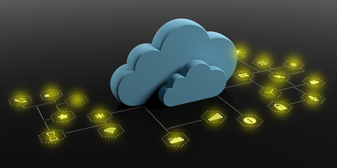 Cloud computing and mobile apps. Blue clouds on black background. 3d illustration