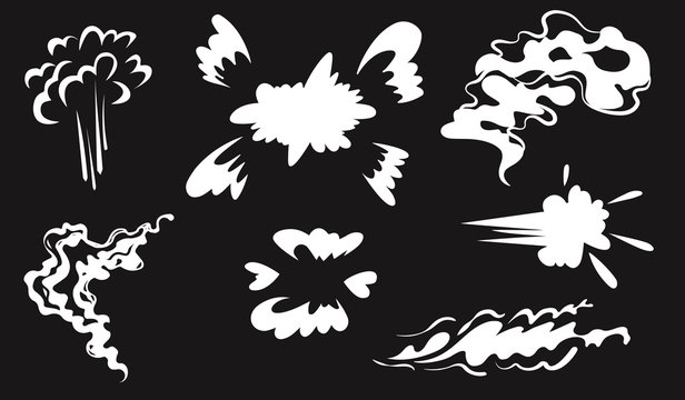 Smoke vector special effects set.Funny template on black background.Clipart element for game, print, advertising. Cartoon steam clouds,puff,fog,vapour or dust explosion VFX illustration