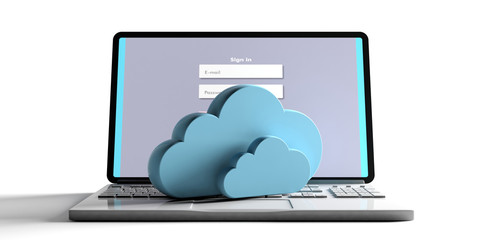 Computer cloud concept, login on the computer screen, isolated on white background. 3d illustration