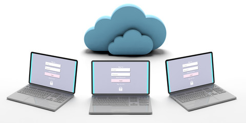 Computer cloud concept, login on the computer screens, isolated on white background. 3d illustration