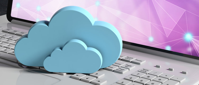 Cloud computing. Blue clouds on a computer laptop, banner. 3d illustration