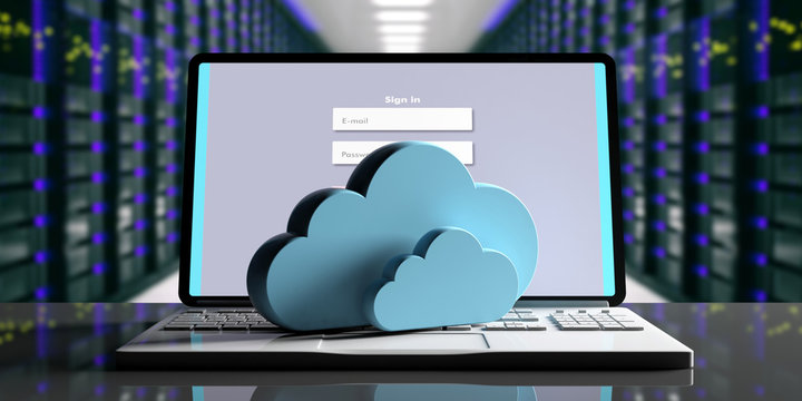 Cloud computing data center. Storage cloud on a computer, data center background. 3d illustration