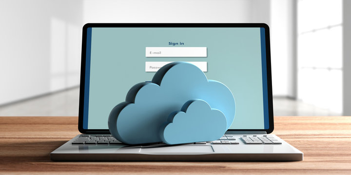 Computer cloud concept, login on the computer screen, office background. 3d illustration