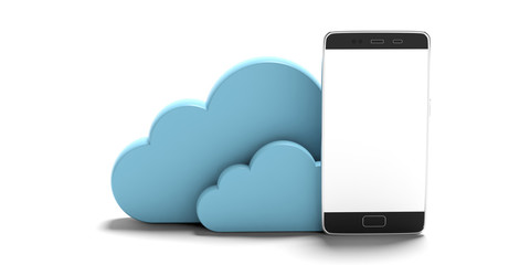 Cloud computing. Blue clouds and a smartphone, isolated on white background. 3d illustration