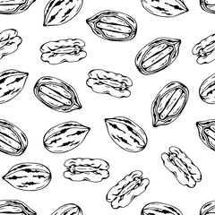 Pattern of vector illustrations on the nutrition theme; set of pecans. Realistic isolated objects for your design.