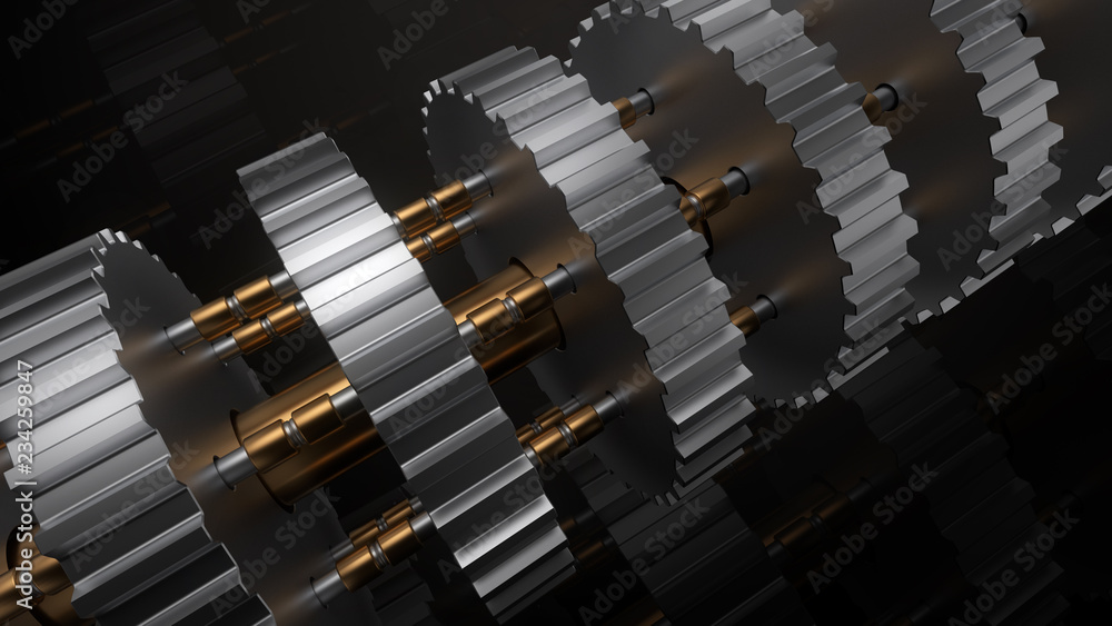 Poster 3d render abstract industrial engineering background with set of cogwheels. technical elements made 