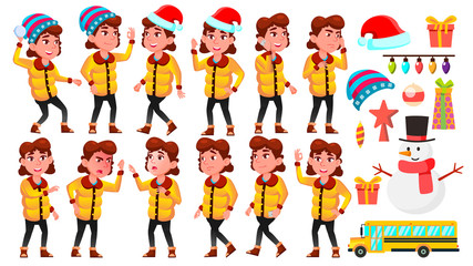 Obraz na płótnie Canvas Christmas Girl Set Vector. Winter Holidays. School Child. School Student. For Banner, Flyer, Web Design. Isolated Cartoon Illustration