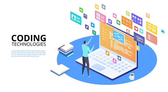 Developing programming and coding technologies concept. Isometric programmer