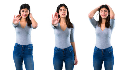 Obraz premium Set of Teenager girl making stop gesture with her hand