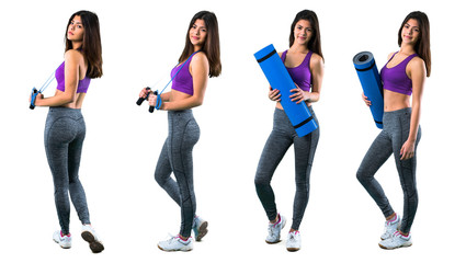 Set of Young sport girl with a mat and  with jumping rope