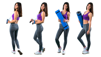Obraz premium Set of Young sport girl with a mat and with jumping rope