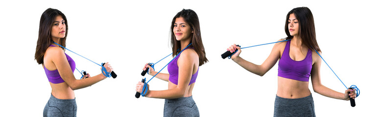 Set of Young sport girl with jumping rope