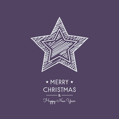 Merry Christmas and Happy New Year - greeting card with hand drawn star. Vector.