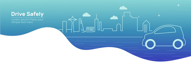 Background car and city.Outline car on the road. Drive safely warning billboard.Flat vector illustration. Car on asphalt road with speed limit on highway.Gradient background.Banner for web