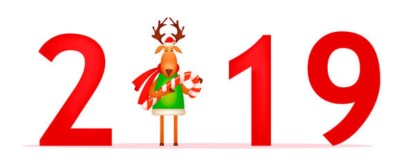 Funny deer wearing Santa Claus hat and red scarf