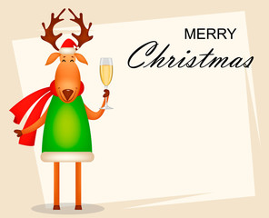 Funny deer wearing Santa Claus hat and red scarf