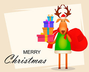 Funny deer wearing Santa Claus hat and red scarf