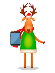Funny deer wearing Santa Claus hat and red scarf