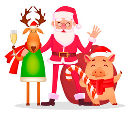 Funny Santa Claus, cute deer and pig