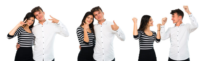 Collage of Young couple giving a thumbs up gesture and smiling