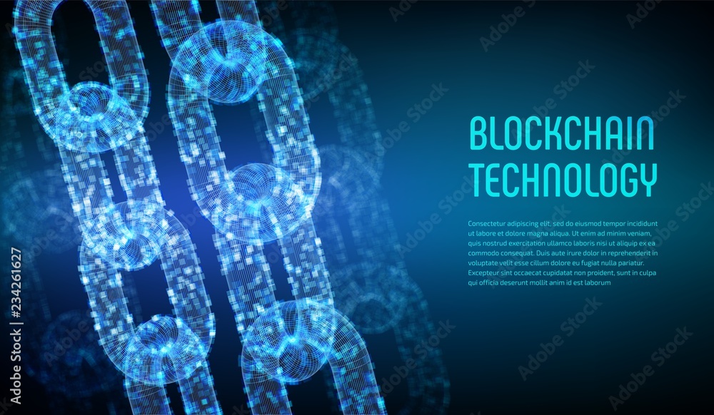 Poster block chain. crypto currency. blockchain concept. 3d wireframe chain with digital blocks. editable c