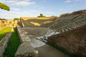 Ostia antica in Rome, Italy. panorama of the Roman Imperial Theater 