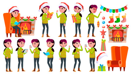 Girl Schoolgirl Kid Poses Set Vector. High School Child. School Student. Expression, Positive Person. For Web, Brochure, Poster Design. Isolated Cartoon Illustration
