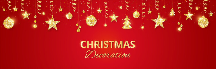 Fototapeta na wymiar Christmas golden decoration on red background. Holiday vector frame, border.