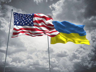 United States of America, USA & Ukraine Flags are waving in the sky with dark clouds