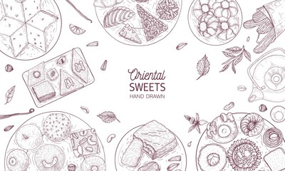 Monochrome banner template with oriental sweets lying on plates drawn with contour lines on white background, top view. Traditional desserts, tasty confectionery. Realistic vector illustration.