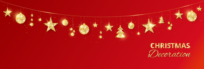 Obraz na płótnie Canvas Christmas golden decoration on red background. Holiday vector frame, border.