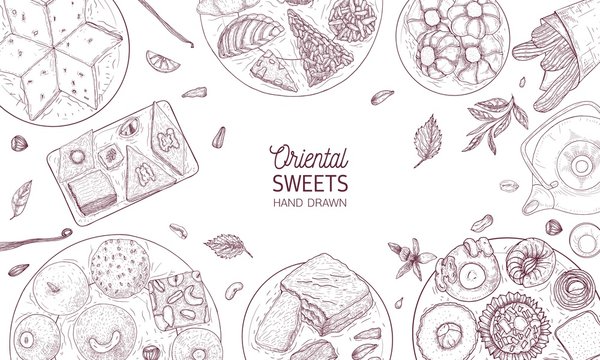 Monochrome banner template with oriental sweets lying on plates drawn with contour lines on white background, top view. Traditional desserts, tasty confectionery. Realistic vector illustration.