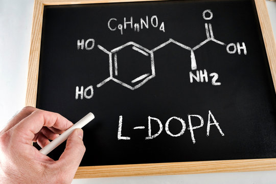 Chemical Formula and nomenclature of L-DOPA handwritten with chalk on a blackboard, conceptual image