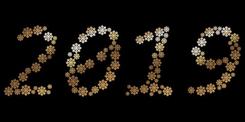 2019 inscription from golden snowflakes on black