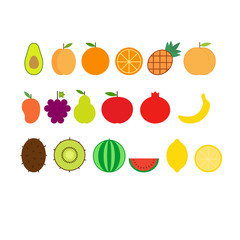 Vector set of fruits such as avocado, apricot, orange, pineapple
