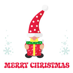 cartoon christmas gnome with christmas gift and christmas text