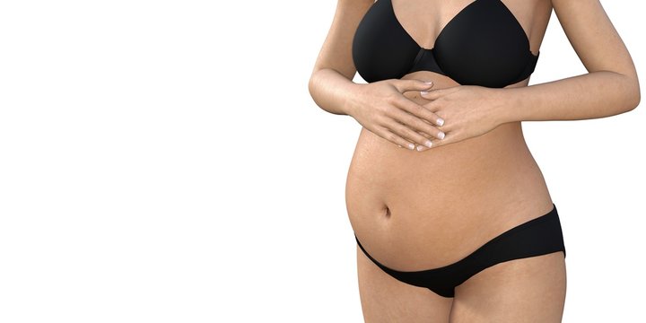 pregnant woman touching her big belly. Close up. Motherhood, pregnancy, people and expectation concept. Pregnant woman expecting baby - photo realistic 3d rendering