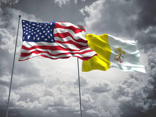 United States of America, USA & Vatican Flags are waving in the sky with dark clouds