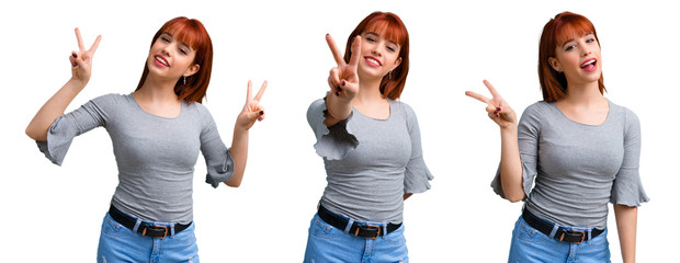 Set of Young redhead girl smiling and showing victory sign